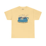 Beige athletic tee with bear lounging in coffee cup, text 