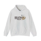 Death Before Decaf skull mug hoodie sweatshirt for coffee lovers, featuring bold graphics and a relaxed design.