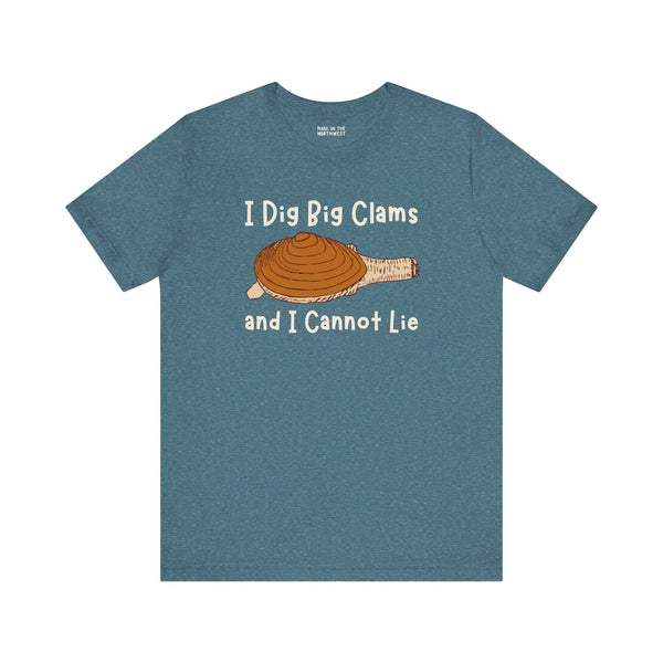 I Dig Big Clams and I Cannot Lie premium soft tee featuring clam graphic, perfect for seafood lovers and clamming fans.