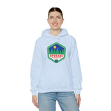 Woman wearing Spokane NW Retro hoodie with 90s-inspired badge and tree design, representing Spokane's outdoor beauty.