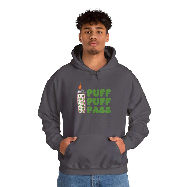 Youth wearing a Puff Puff Pass cannabis-themed hooded sweatshirt with lighter and marijuana leaf design.