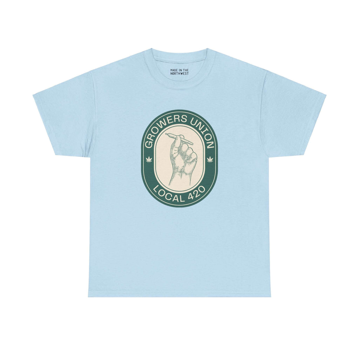 Grower's Union Local 420 Athletic Tee, featuring a hand holding a joint illustration, celebrating 420 culture on a light blue shirt.