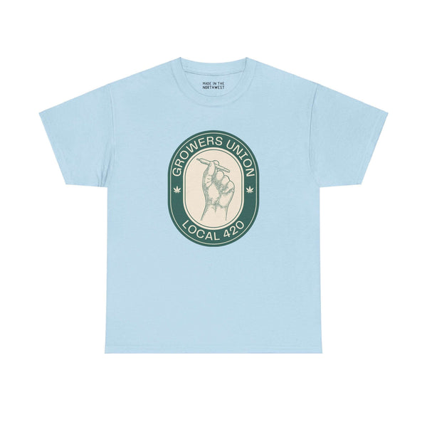 Grower's Union Local 420 Athletic Tee, featuring a hand holding a joint illustration, celebrating 420 culture on a light blue shirt.