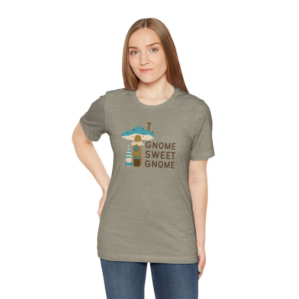 Unisex Gnome Sweet Gnome tee featuring a gnome in front of a mushroom house, perfect for gnome lovers.