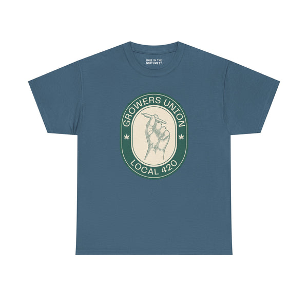 Grower's Union Local 420 Athletic Tee with a hand holding a joint graphic, perfect for cannabis culture enthusiasts.