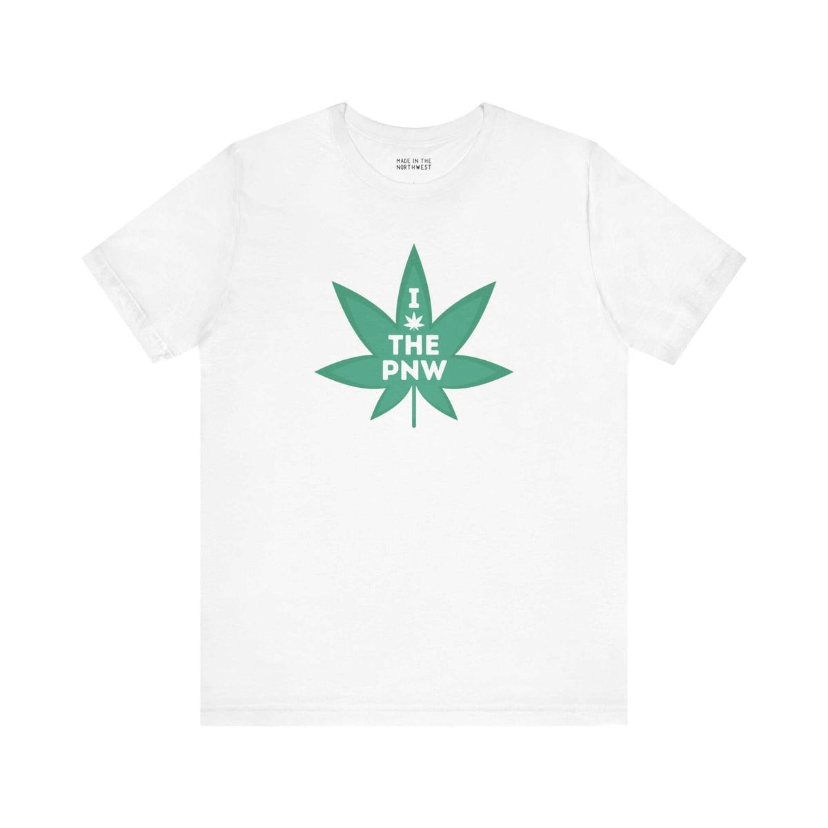 White tee with green marijuana leaf graphic and 'I (Weed) the PNW' text, celebrating Pacific Northwest's chill vibes.