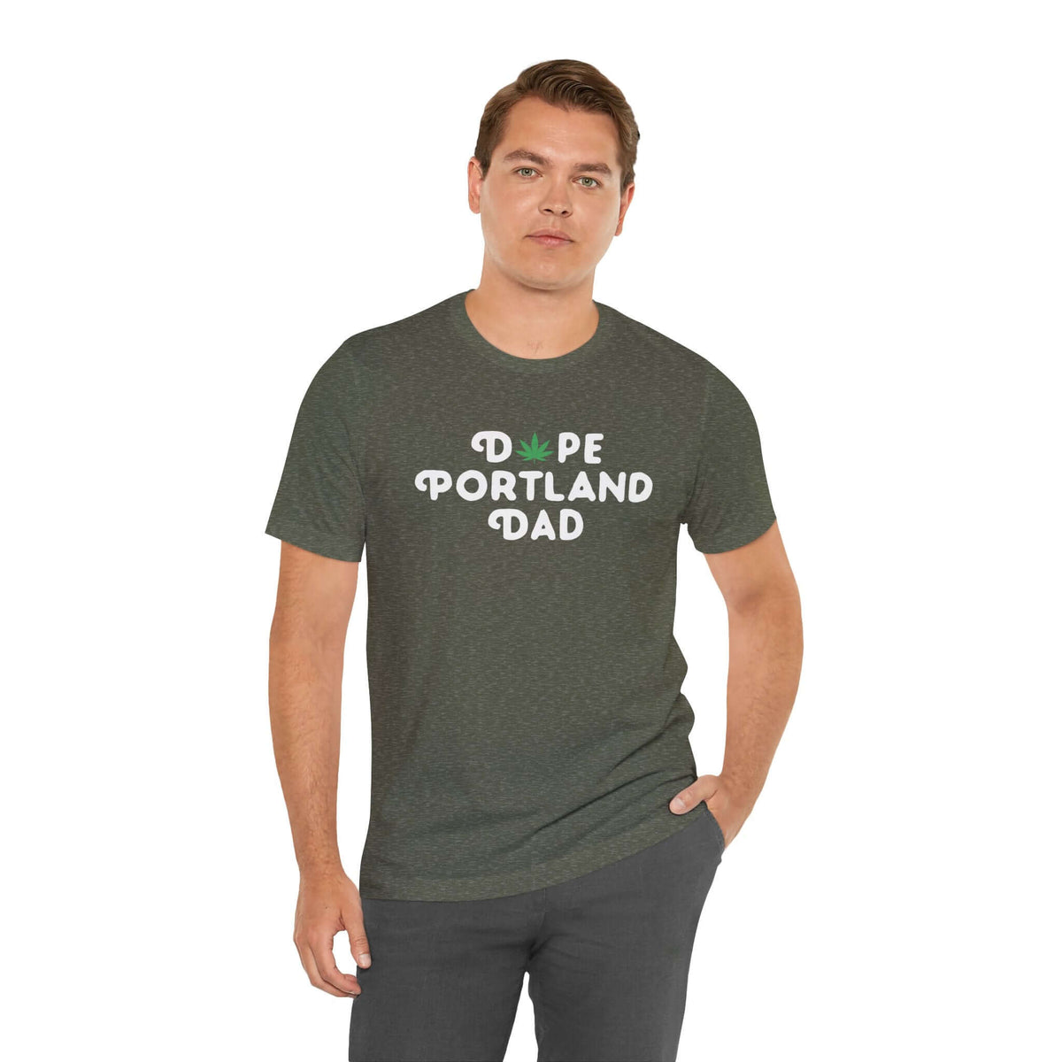 Man wearing Dope Portland Dad tee with marijuana leaf design, celebrating PDX vibe and laid-back fatherhood.
