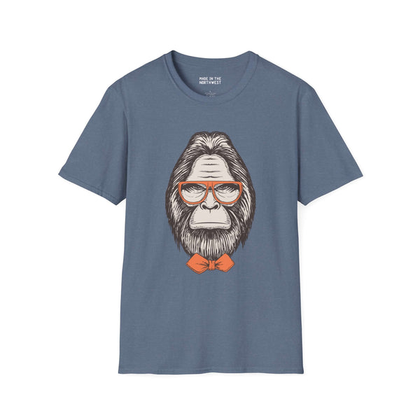 Gentleman of the Woods Bigfoot Softstyle T-Shirt featuring a well-groomed Sasquatch in glasses and a bowtie.