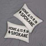 Home is in Spokane Lumbar Accent Pillow featuring bold black text and cozy design on two pillows.