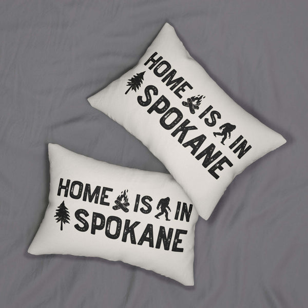 Home is in Spokane Lumbar Accent Pillow featuring bold black text and cozy design on two pillows.