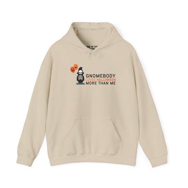 Gnomebody Loves Halloween More Than Me hoodie featuring a skeleton gnome with Halloween balloons.