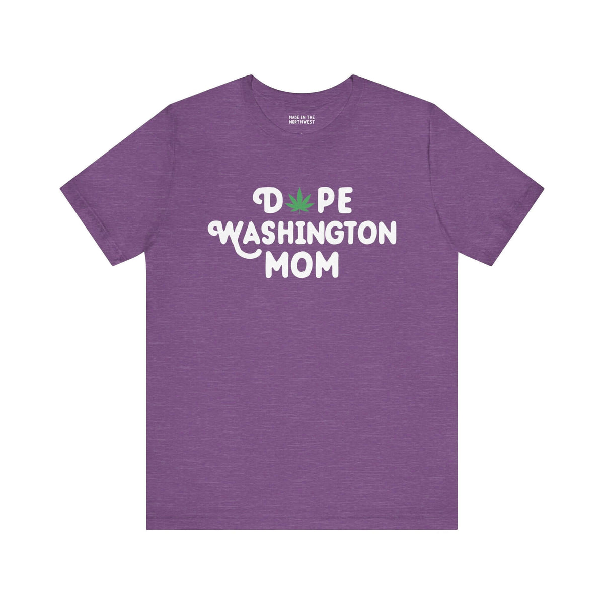 Purple 'Dope Washington Mom' tee with marijuana leaf design for laid-back moms celebrating Washington state pride.