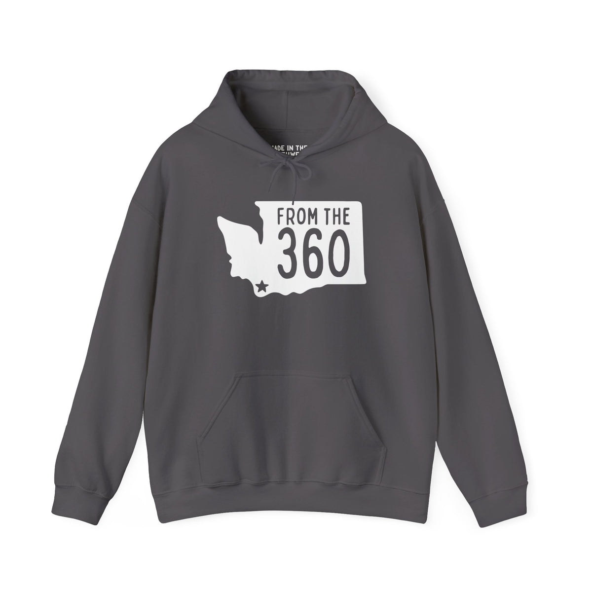 Gray hoodie featuring Washington silhouette and 'From the 360' text, showcasing local pride for Vancouver.