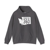 Gray hoodie featuring Washington silhouette and 'From the 360' text, showcasing local pride for Vancouver.