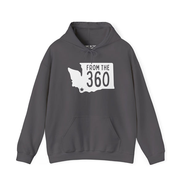 Gray hoodie featuring Washington silhouette and 'From the 360' text, showcasing local pride for Vancouver.