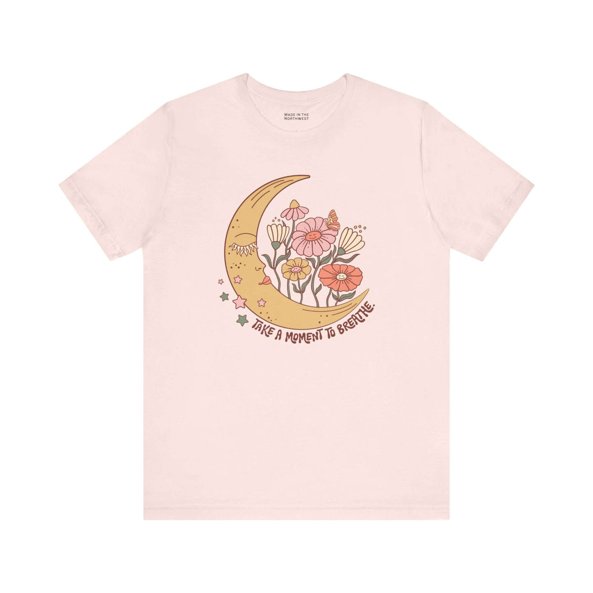 Take a Moment to Breathe T Shirt featuring a crescent moon, wildflowers, and a calming design.
