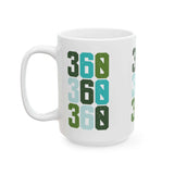 Three-Six-Oh Pop ceramic mug featuring colorful 360 design, perfect for coffee lovers with PNW pride.