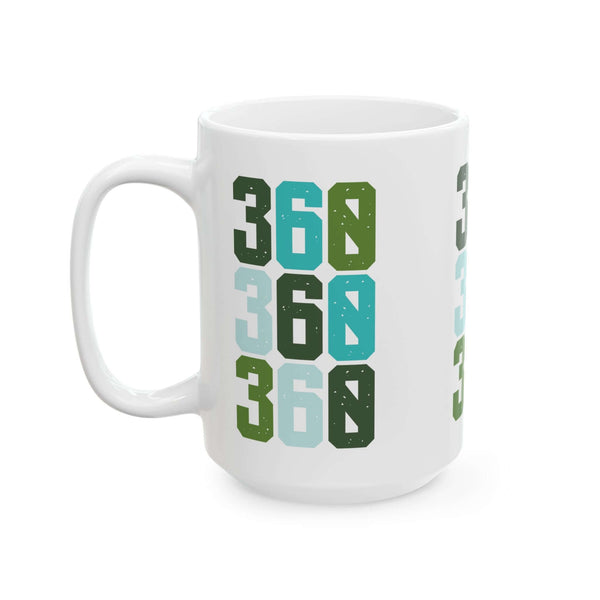 Three-Six-Oh Pop ceramic mug featuring colorful 360 design, perfect for coffee lovers with PNW pride.