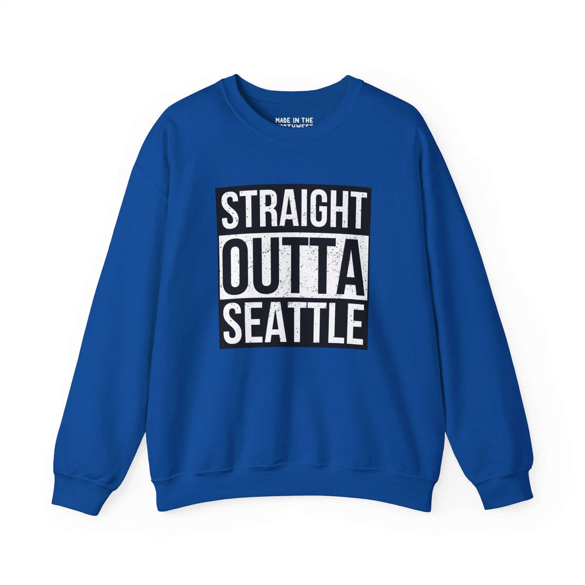 Blue "Straight Outta Seattle" sweatshirt showcasing bold streetwear style for city pride.