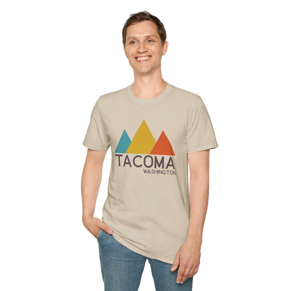 Modern Peaks Tacoma T Shirt featuring a minimalist mountain design and Tacoma, Washington text.