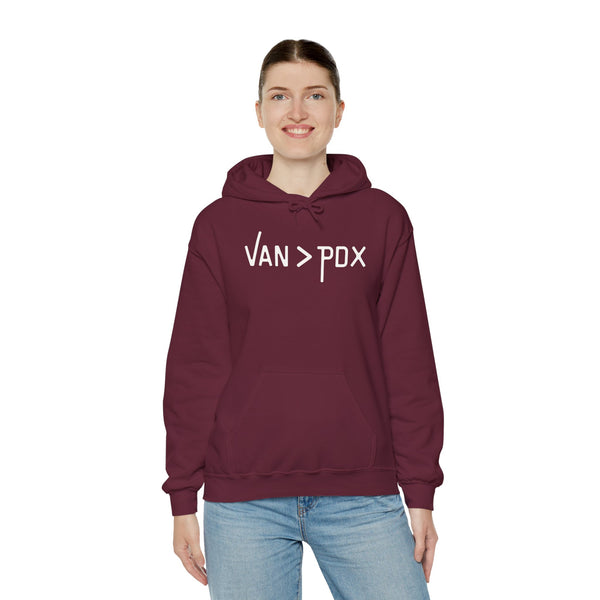 Vancouver over Portland hoodie featuring 'Van > PDX' design, perfect for outdoor lovers and city enthusiasts.