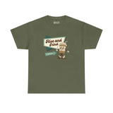 Olive green Rise and Grind Everyday coffee graphic tee with playful design for caffeine enthusiasts.