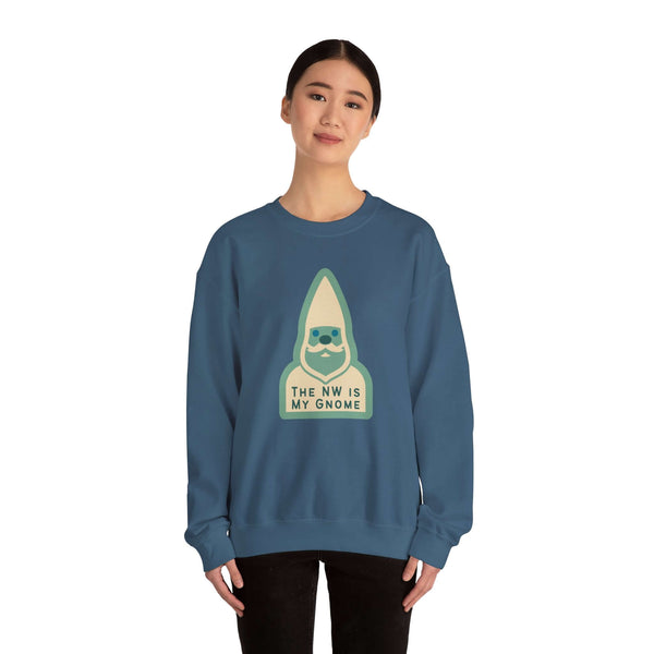 Person wearing a blue sweatshirt featuring a playful gnome design and the text 'The NW is My Gnome'.