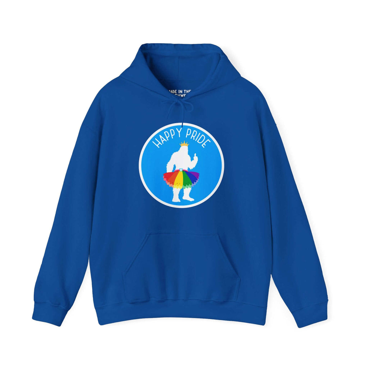 Blue hoodie featuring Bigfoot in a rainbow tutu and crown with "Happy Pride" text, perfect for celebrating Pride events.