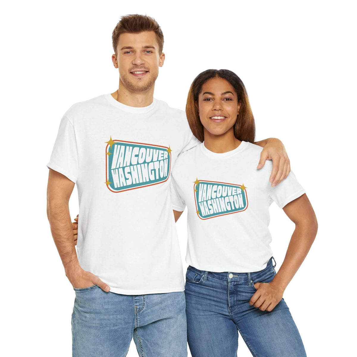 "Couple wearing Retro Roadside Vancouver Sign athletic tees with vintage 50s-inspired design, celebrating classic Vancouver spirit."