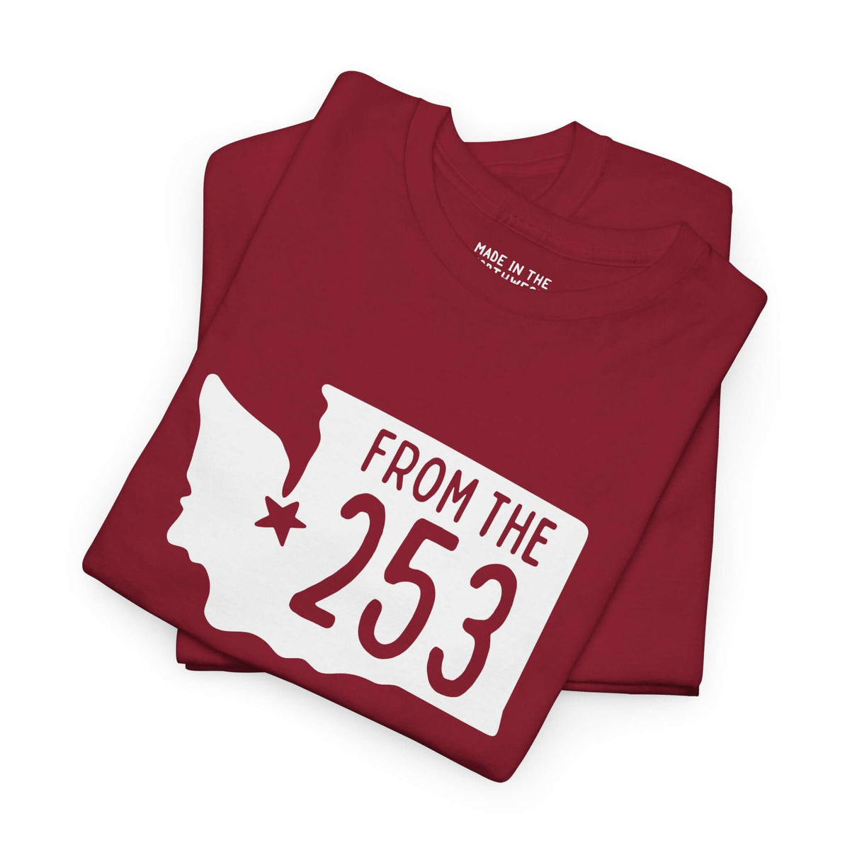 From the 253 Washington State Athletic Tee featuring state shape and star on Tacoma in maroon color.