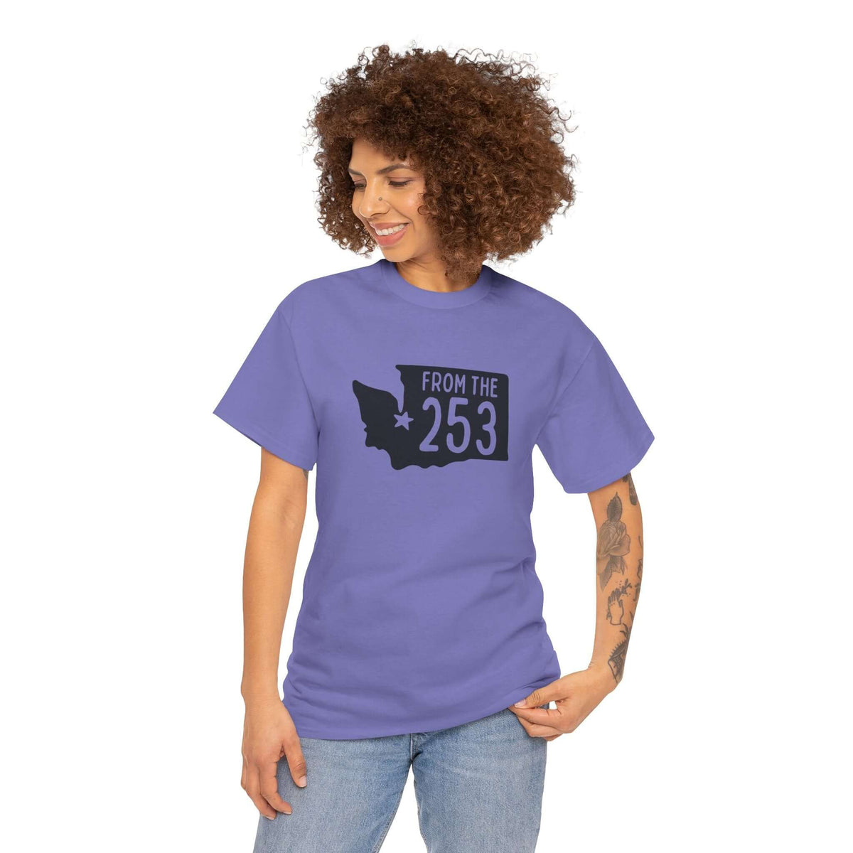 Woman wearing From the 253 Washington state athletic tee in lavender, showcasing Tacoma pride and city spirit.