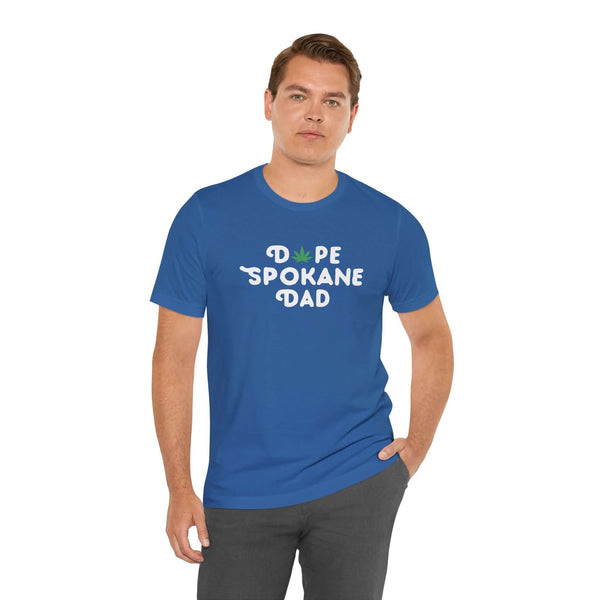 Dope Spokane Dad soft tee in blue featuring a playful marijuana leaf in the design, perfect for cool Spokane dads.