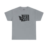 Gray athletic tee featuring Washington state shape and 'From the 253' design, celebrating Tacoma pride.