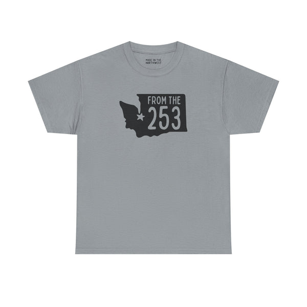 Gray athletic tee featuring Washington state shape and 'From the 253' design, celebrating Tacoma pride.