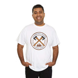 Man wearing a Chopping Wood Looks Good athletic tee with crossed axe graphic.