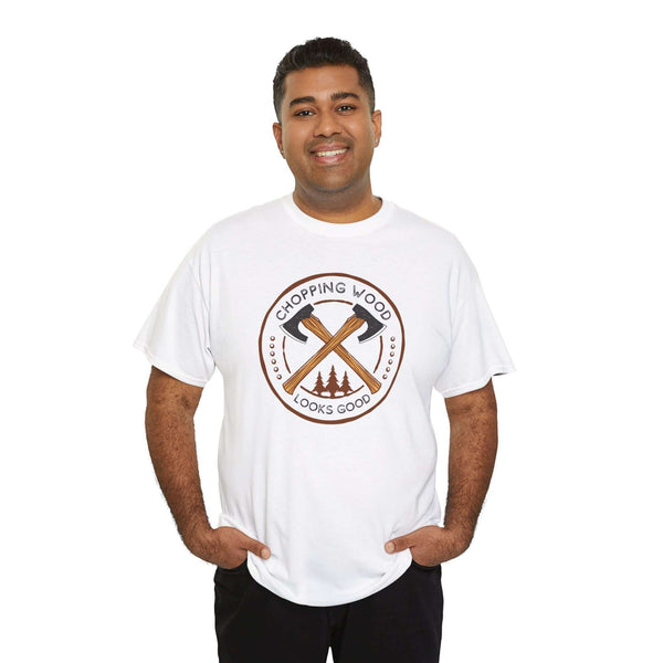 Man wearing a Chopping Wood Looks Good athletic tee with crossed axe graphic.