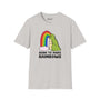 Born to Make Rainbows dinosaur T-shirt with colorful rainbow graphic, perfect for fun and quirky adult fashion.
