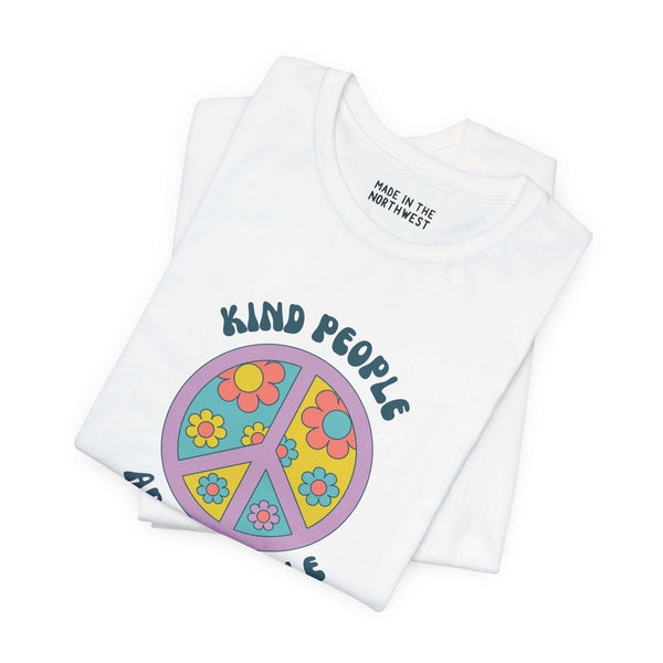 Kind People Are My People unisex tee with floral peace sign design, promoting positivity and good vibes.