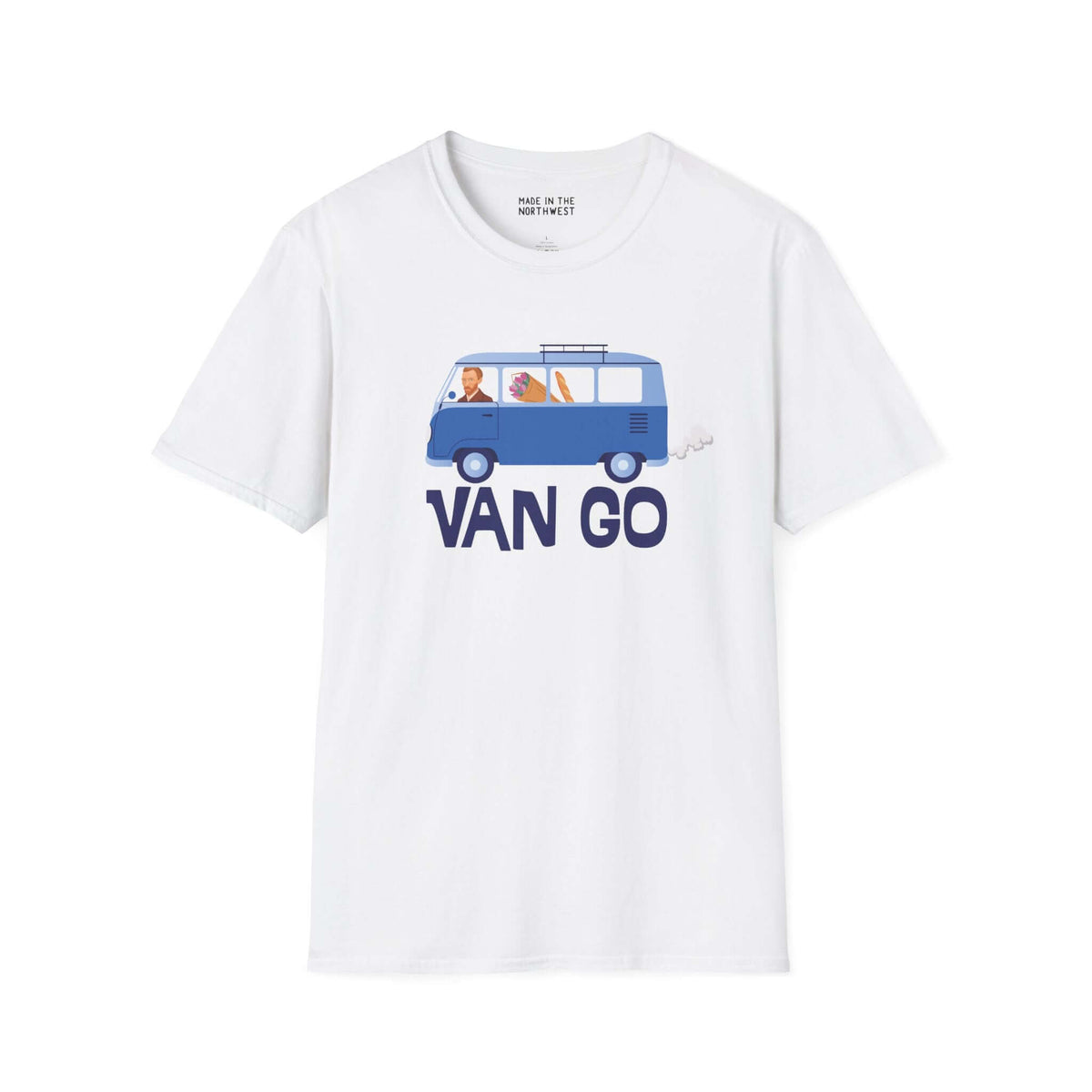 Vincent in a Van Go softstyle t-shirt featuring a VW van design with art-themed graphics.