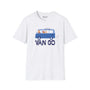 Vincent in a Van Go softstyle t-shirt featuring a VW van design with art-themed graphics.