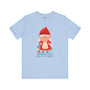Gnomebody Puts Baby in the Corner soft tee featuring an adorable female gnome and playful text on a blue shirt.