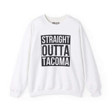 Straight Outta Tacoma sweatshirt, white, bold urban streetwear design, showing local pride, inspired by iconic Straight Outta Compton style