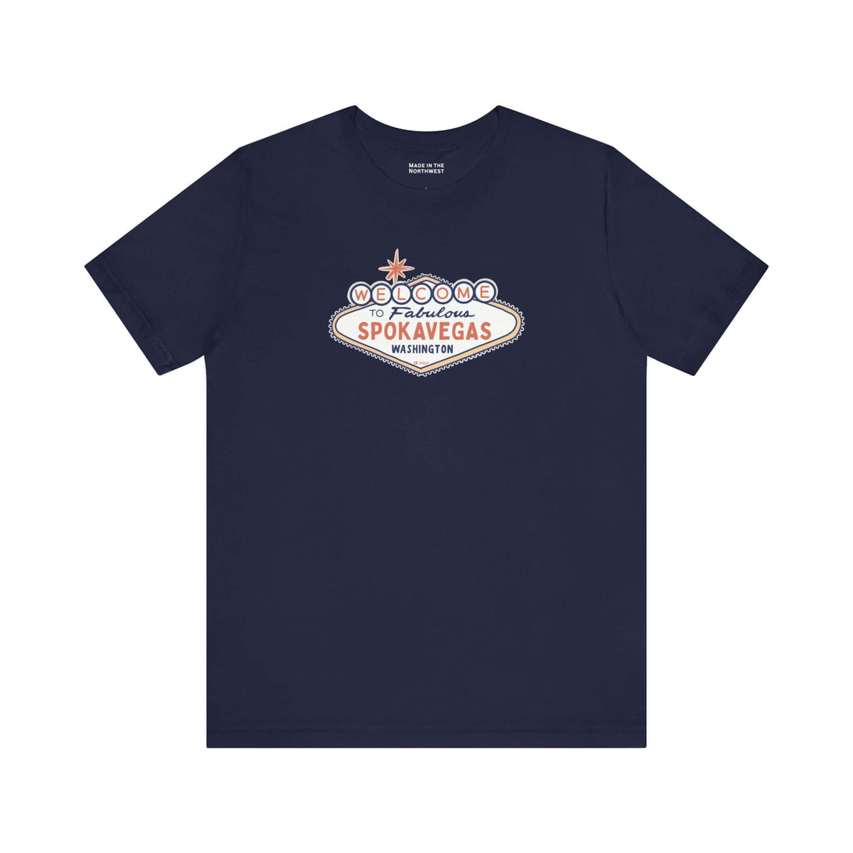 Welcome to Spokavegas Washington Sign Premium Tee featuring a fun design on a dark blue shirt.