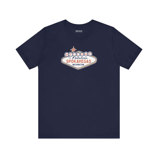 Welcome to Spokavegas Washington Sign Premium Tee featuring a fun design on a dark blue shirt.