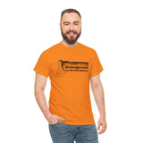 Man wearing orange Homegrown in the Northwest athletic tee featuring a rustic axe design.