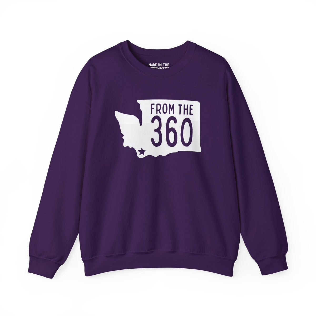 From the 360 Vancouver sweatshirt in purple with Washington state silhouette and bold text design.