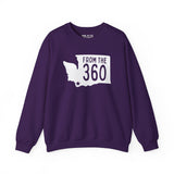 From the 360 Vancouver sweatshirt in purple with Washington state silhouette and bold text design.