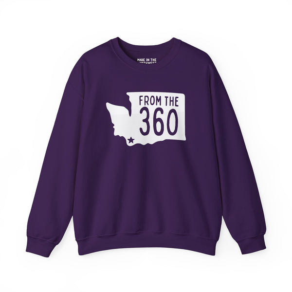 From the 360 Vancouver sweatshirt in purple with Washington state silhouette and bold text design.