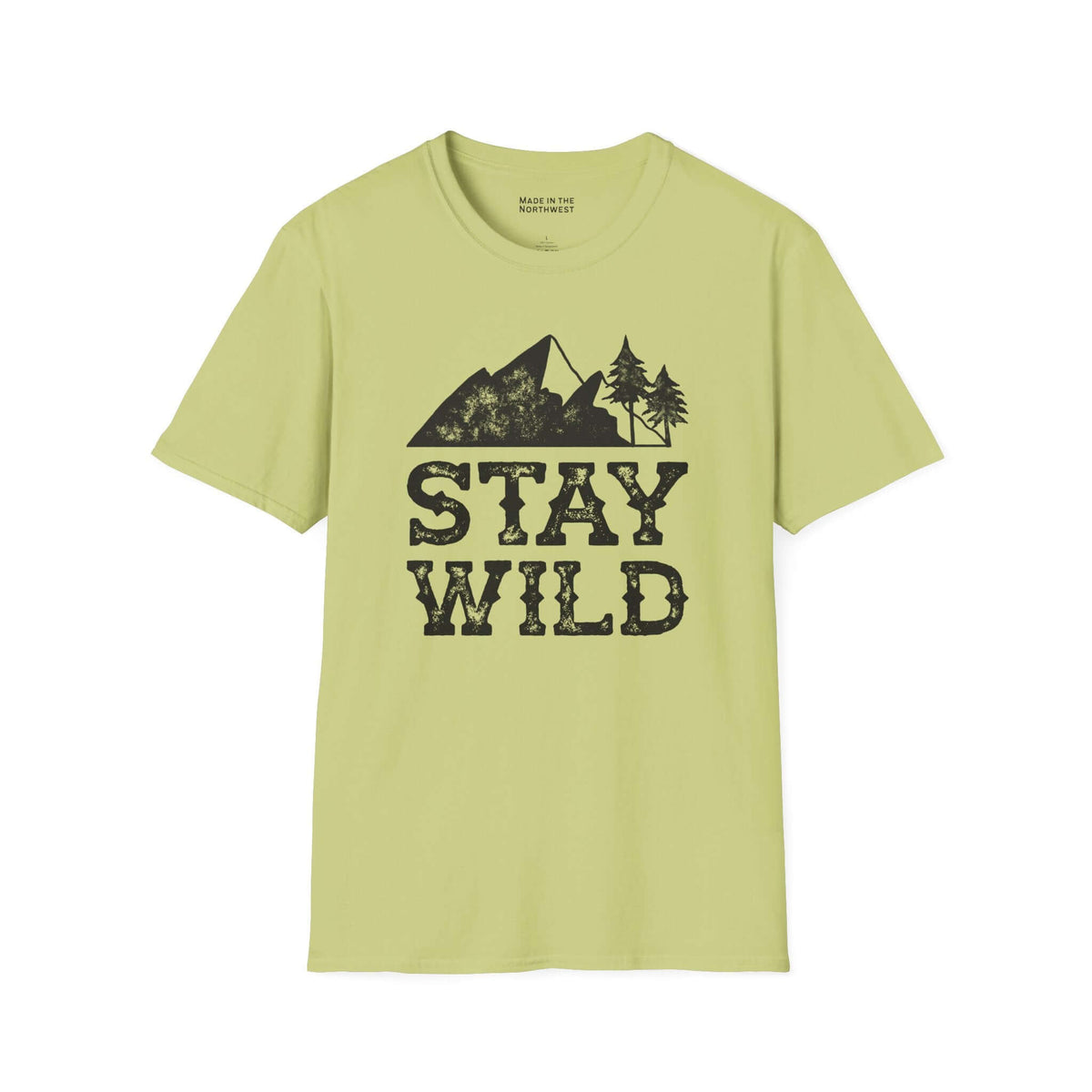 Stay Wild T Shirt featuring outdoor mountain and tree design on a light green background.
