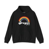 Black hoodie featuring a rainbow design and 'Oregon Pride' text, celebrating love and inclusivity.